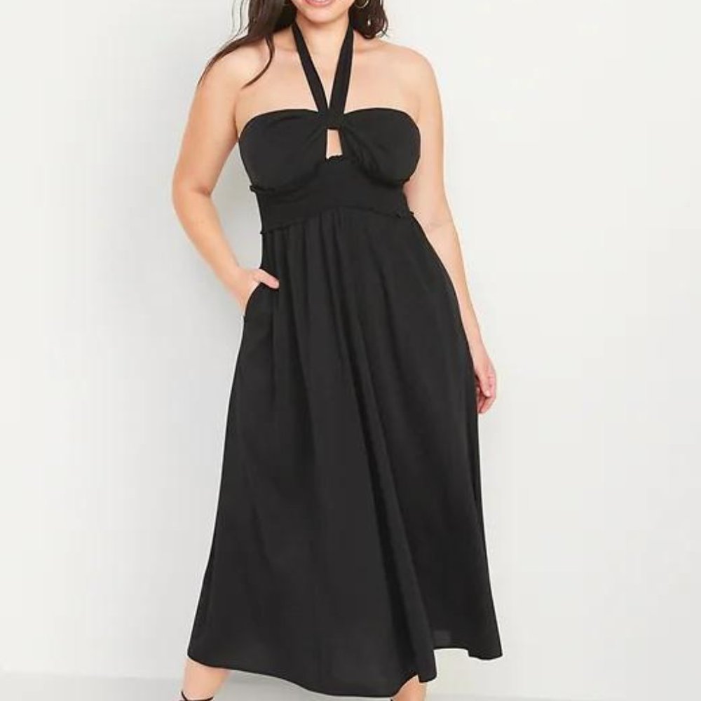 Old Navy Fit & Flare Smocked Twist-Front Halter Maxi Dress for Women New - Picture 3 of 5